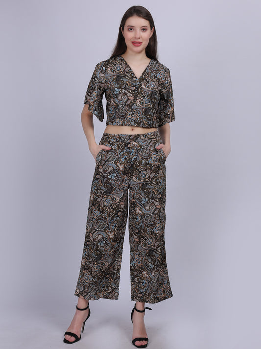 Bohemian Printed Cord Set With Crop Fashion Top & Straight Fit Pants