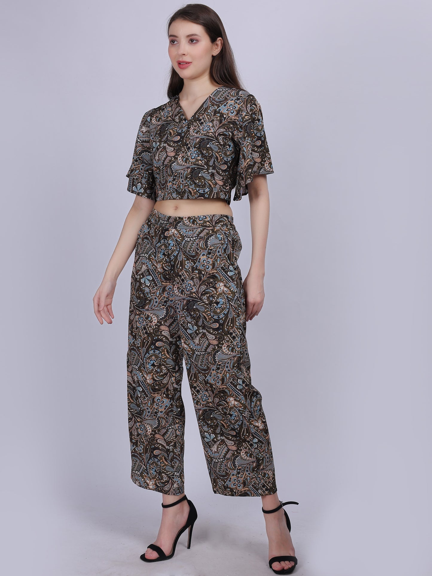 Bohemian Printed Cord Set With Crop Fashion Top & Straight Fit Pants