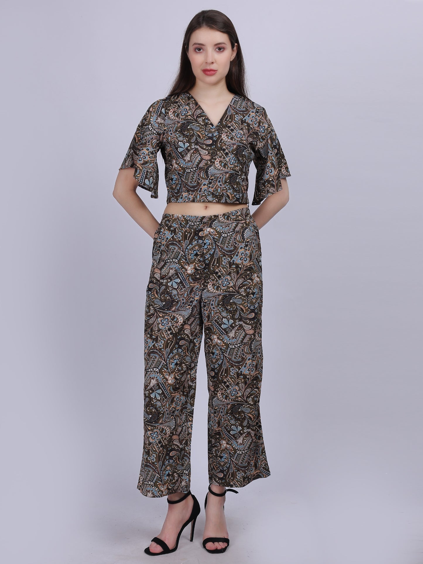 Bohemian Printed Cord Set With Crop Fashion Top & Straight Fit Pants