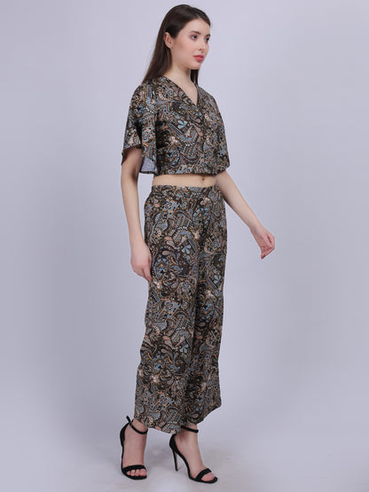 Bohemian Printed Cord Set With Crop Fashion Top & Straight Fit Pants