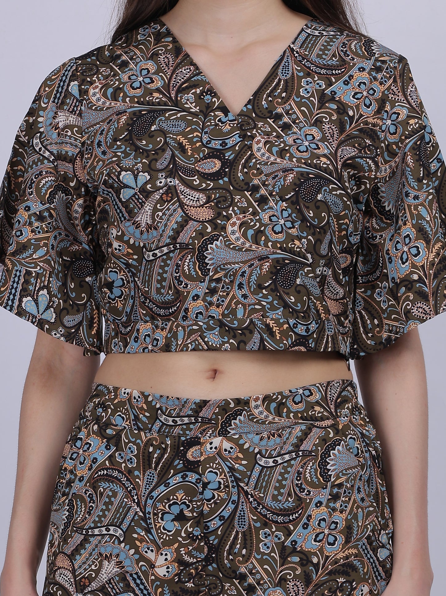 Bohemian Printed Cord Set With Crop Fashion Top & Straight Fit Pants