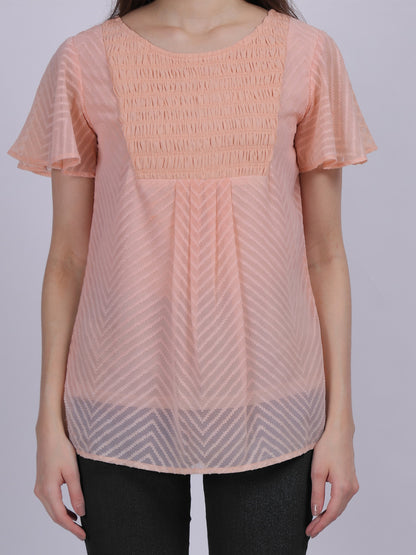 Peach Dobby Solid Long Top With Embroidery