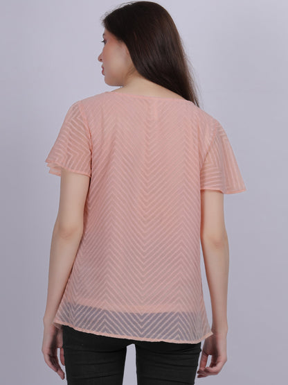 Peach Dobby Solid Long Top With Embroidery