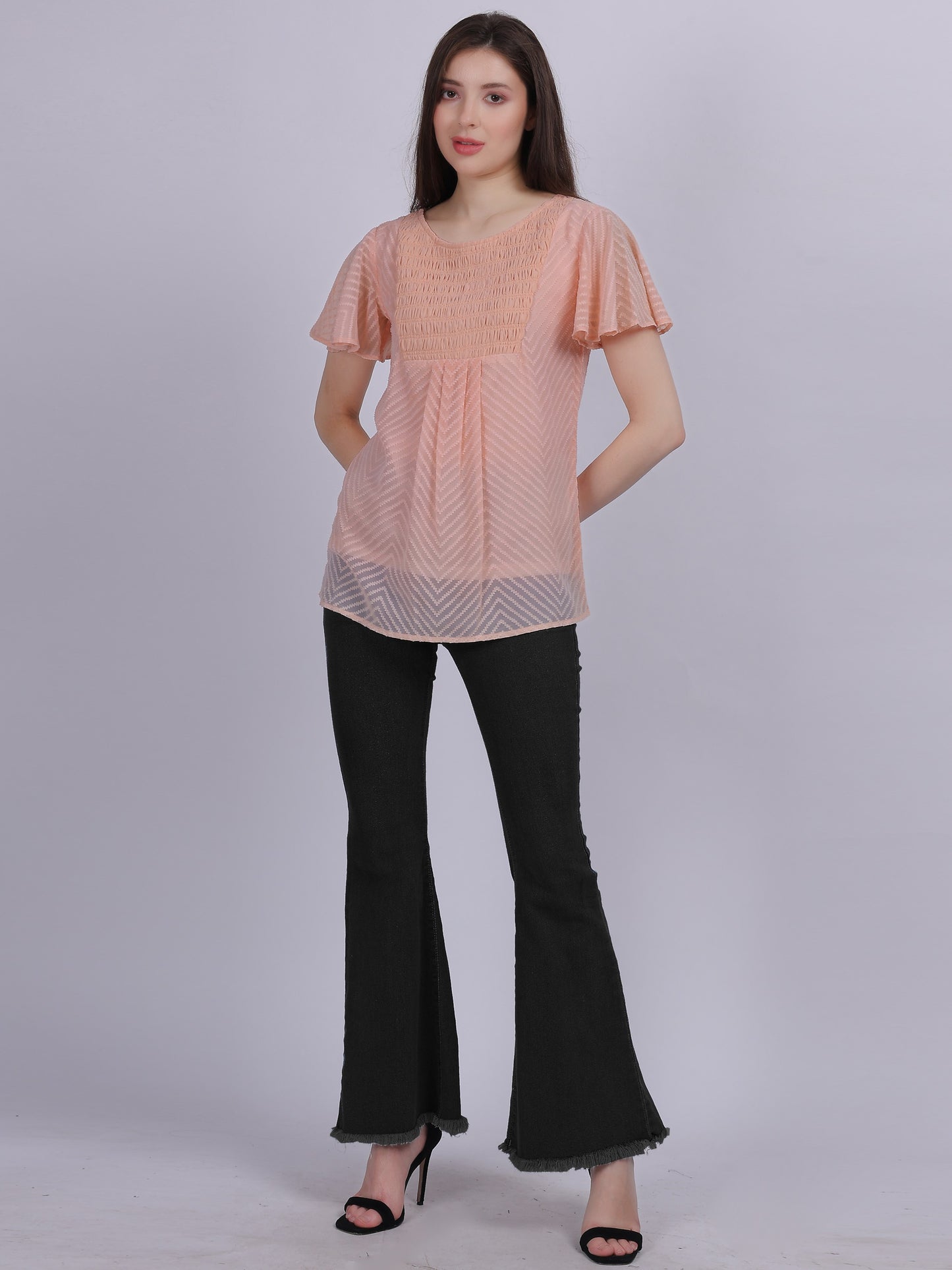 Peach Dobby Solid Long Top With Embroidery