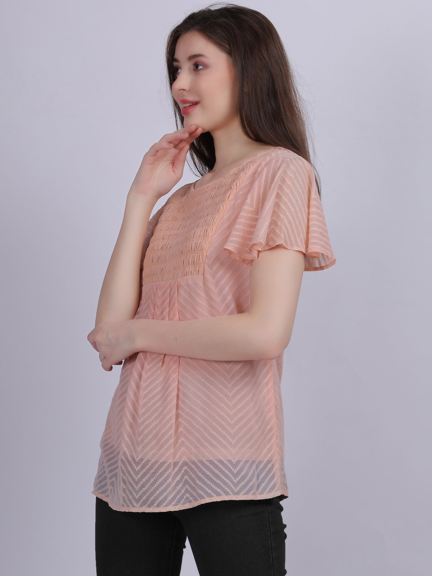 Peach Dobby Solid Long Top With Embroidery