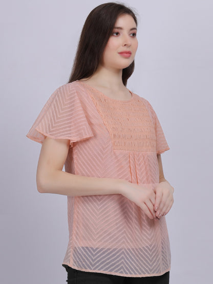 Peach Dobby Solid Long Top With Embroidery