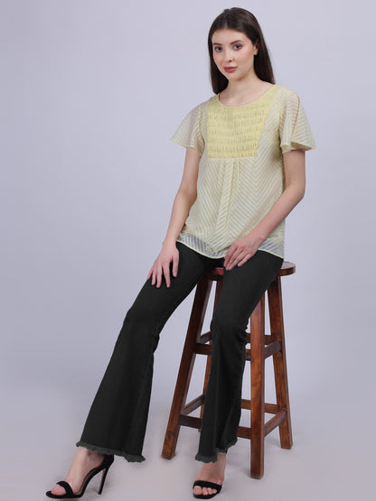 Yellow Dobby Solid Long Top With Embroidery