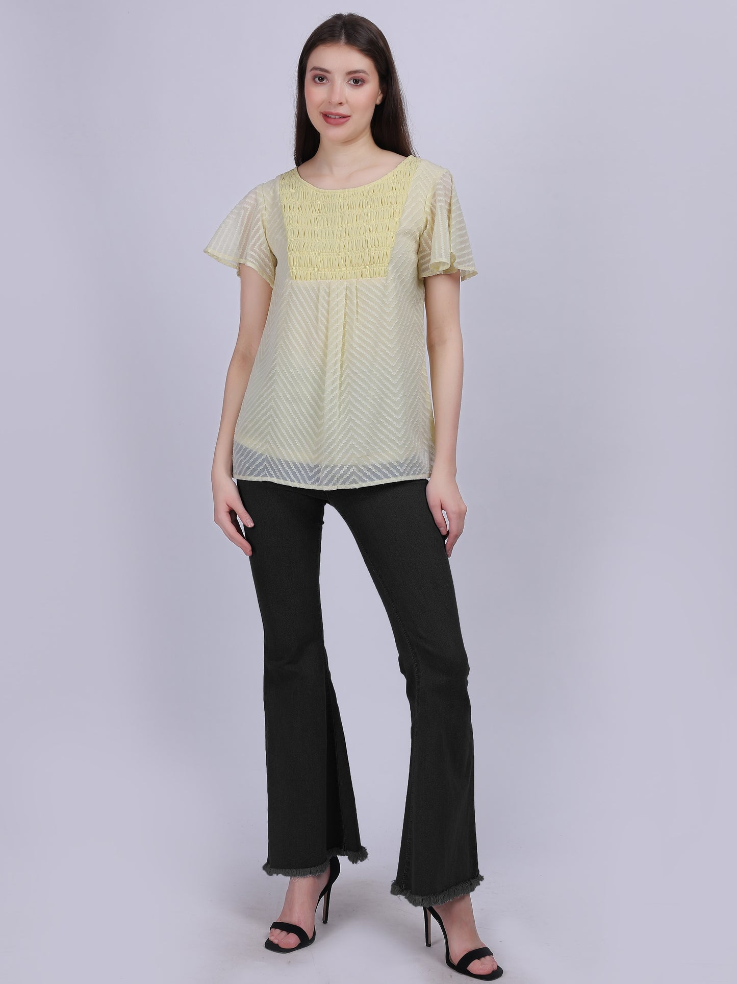 Yellow Dobby Solid Long Top With Embroidery