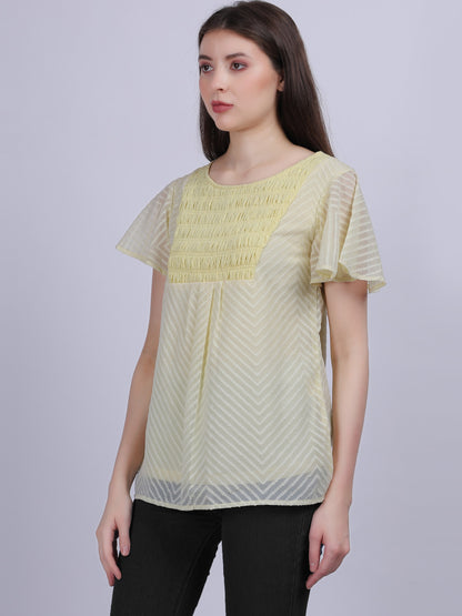 Yellow Dobby Solid Long Top With Embroidery