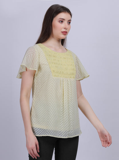 Yellow Dobby Solid Long Top With Embroidery