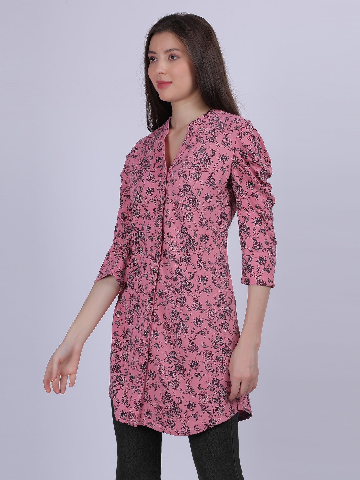 Pink Floral Print Long Tunic Fashion Top