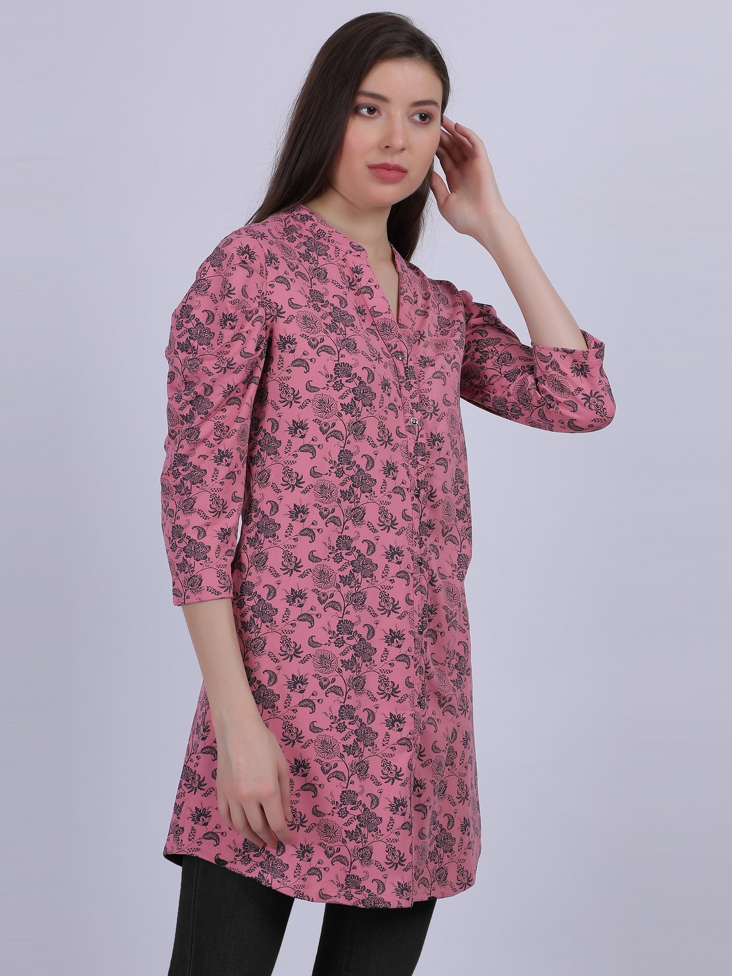 Pink Floral Print Long Tunic Fashion Top