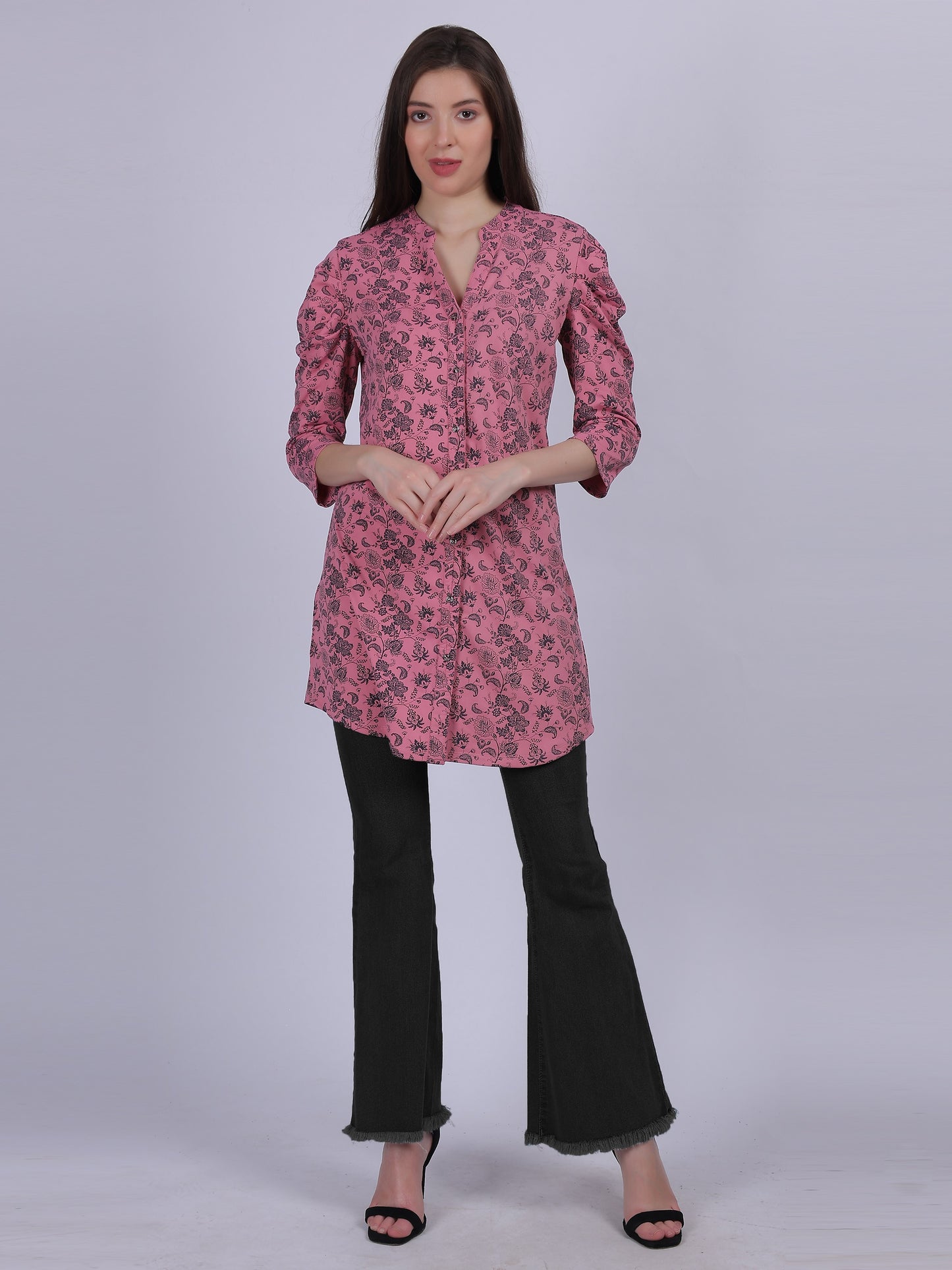 Pink Floral Print Long Tunic Fashion Top