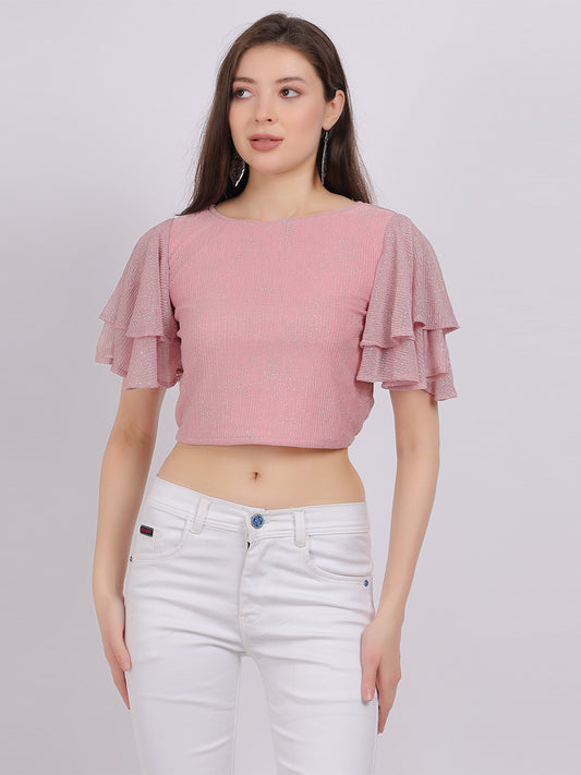 Shimmer Fashion Crop Top With Bell Sleeves