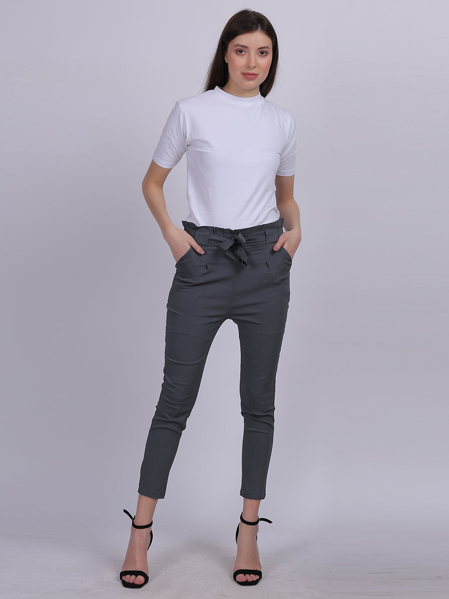 Dark Grey Solid Narrow Fit Trouser With Attached Fabric Belt