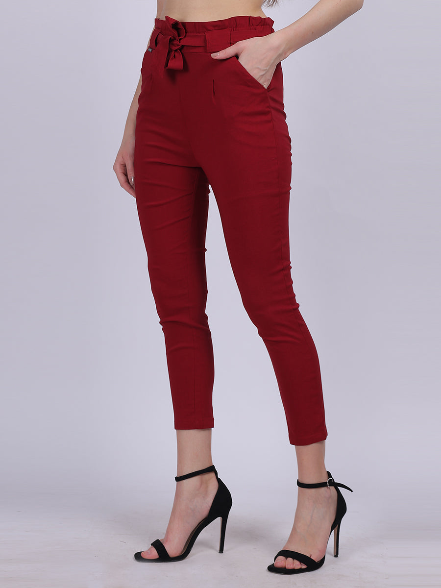 Maroon Solid Narrow Fit Trouser With Attached Fabric Belt