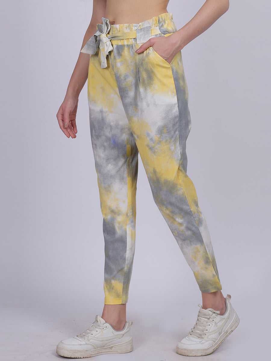 Yellow Tye & Dye Cotton Spandex Fashion Narrow Fit Fashion Pants