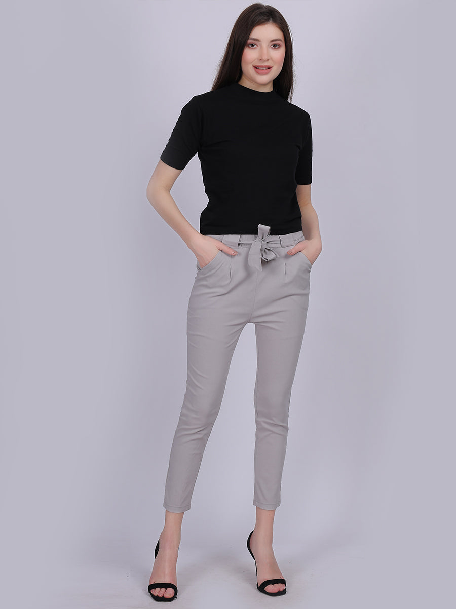 Light Grey Solid Narrow Fit Trouser With Attached Fabric Belt