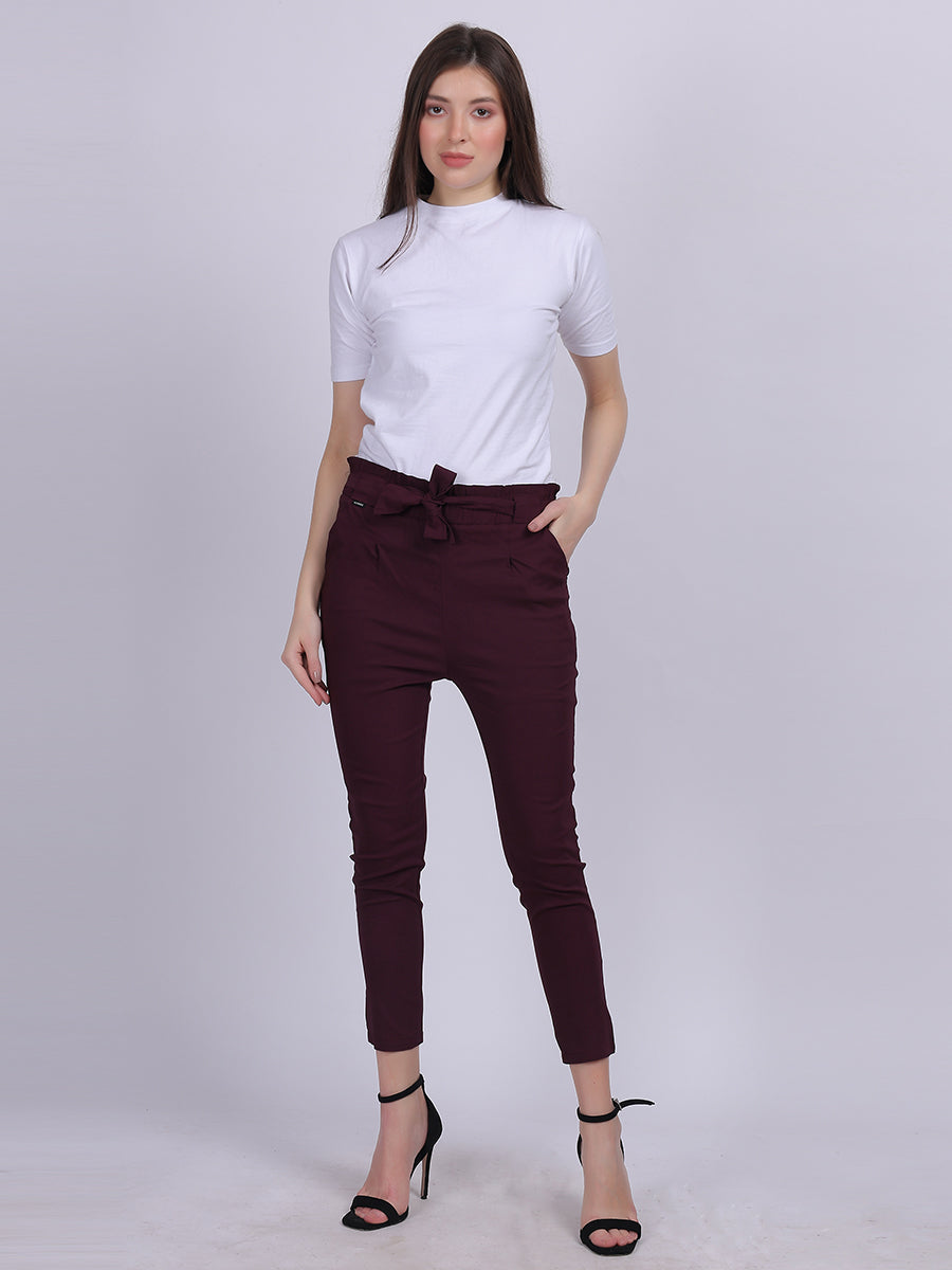 Wine Solid Narrow Fit Trouser With Attached Fabric Belt