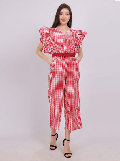 Cotton Checks Jumpsuit With Fashion Sleevess & Belt