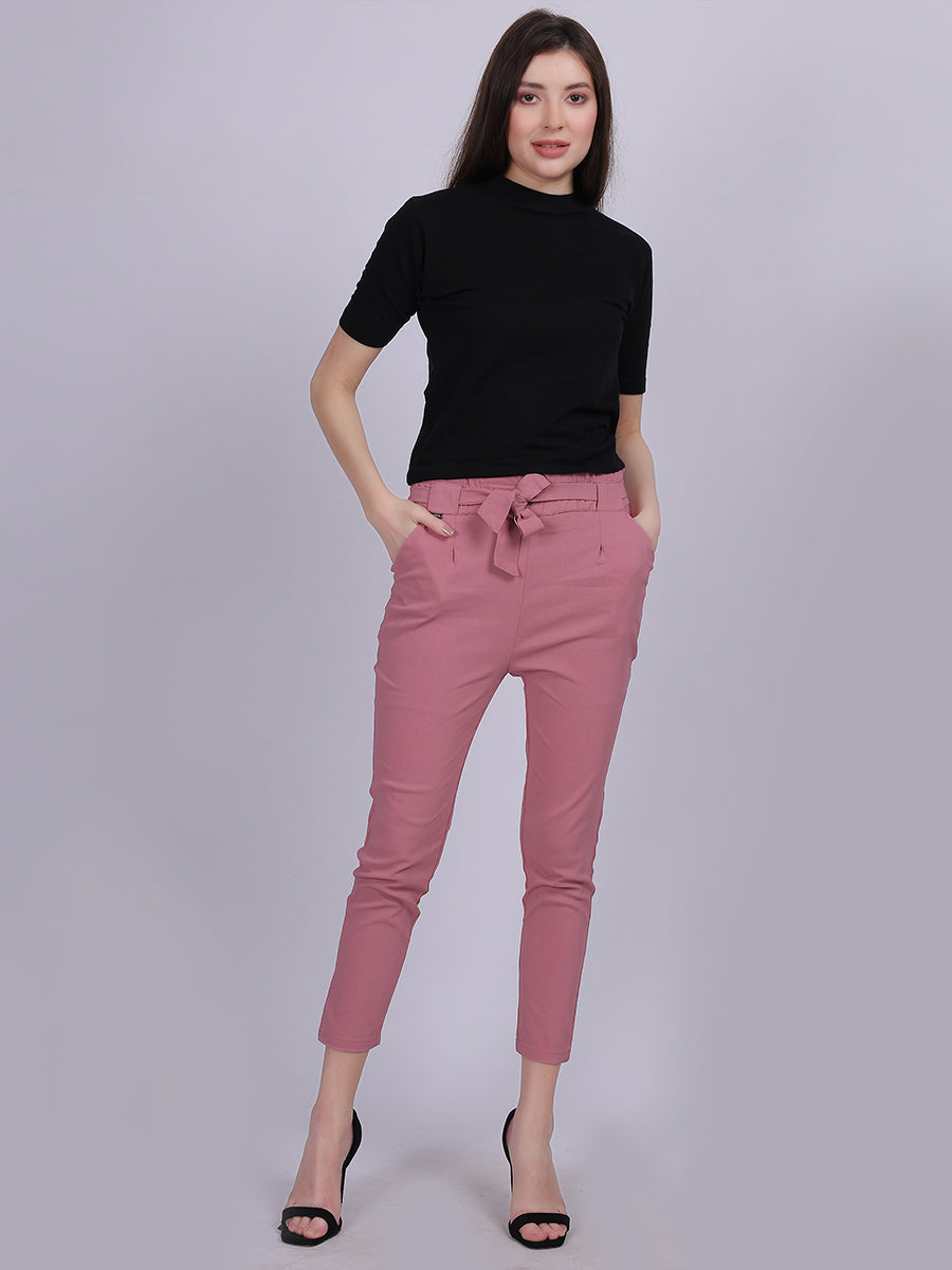 Pink Solid Narrow Fit Trouser With Attached Fabric Belt