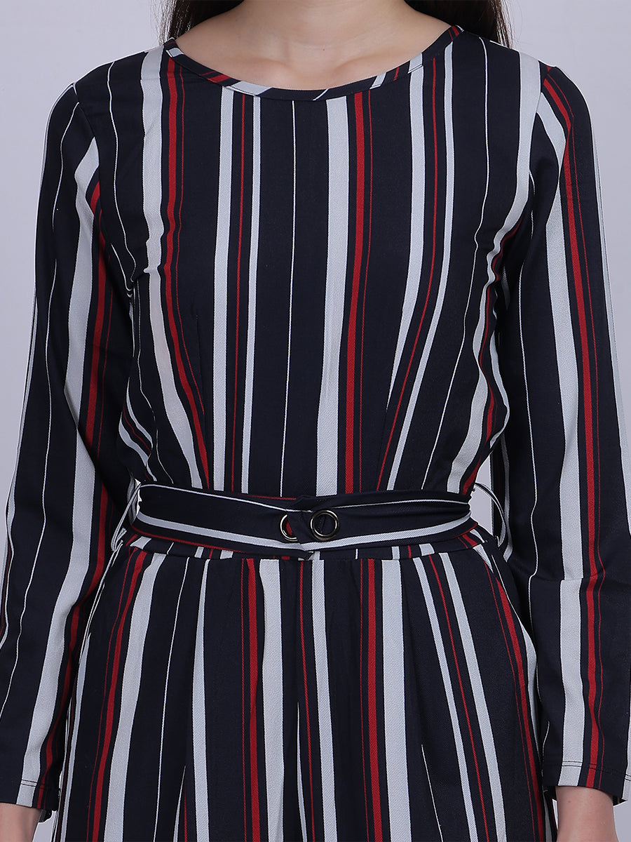 Stripe Print Fashion Jumpsuit With Belt