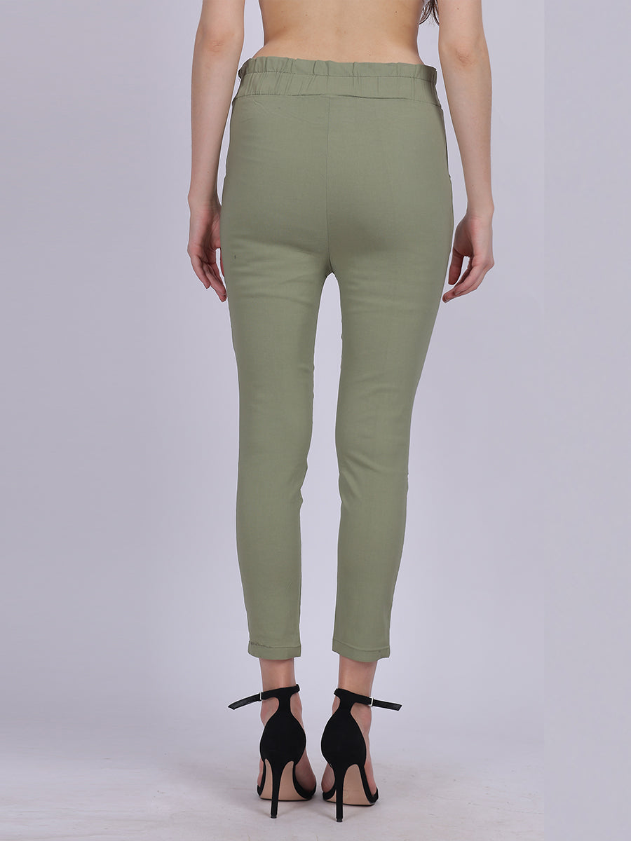 Pista Green Solid Narrow Fit Trouser With Attached Fabric Belt