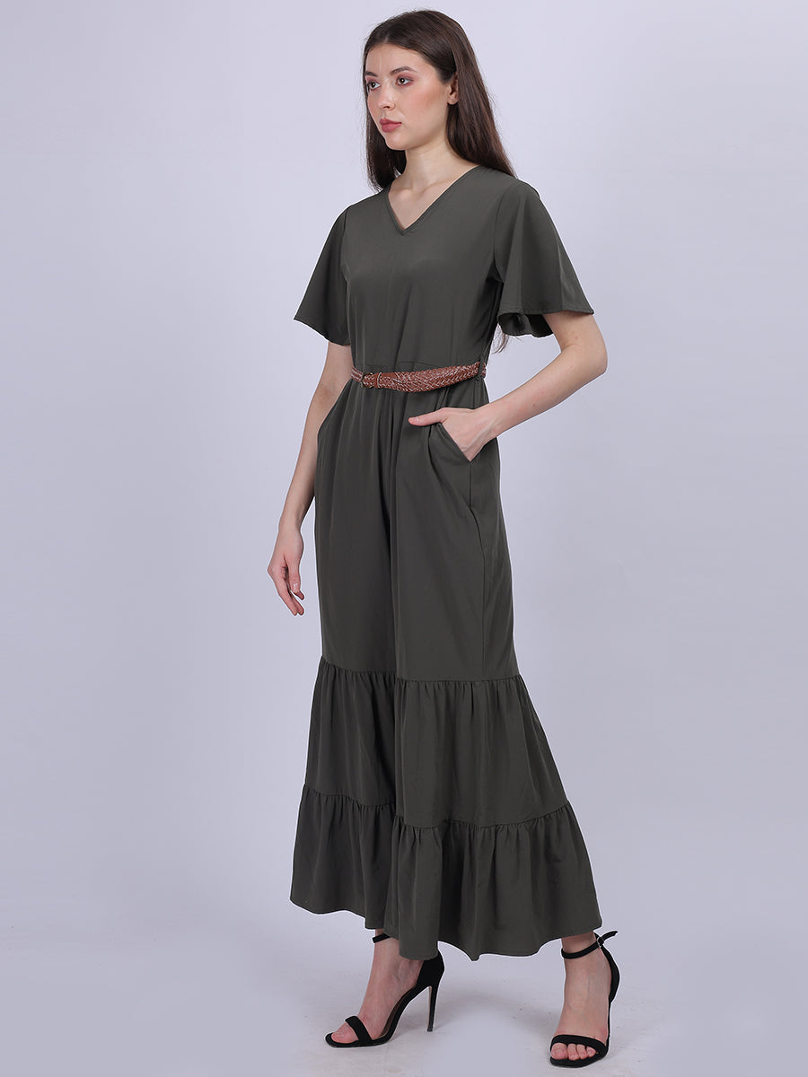 Solid Fashion Sharara Style Jumpsuit With Belt