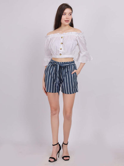 Off-Shoulder Fashion Co-ord Set With Denim Shorts