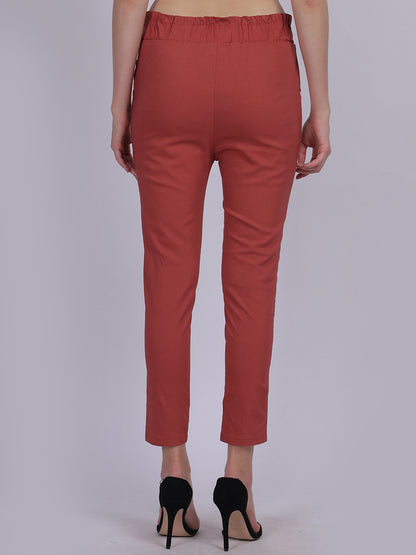 Rust Solid Narrow Fit Trouser With Attached Fabric Belt