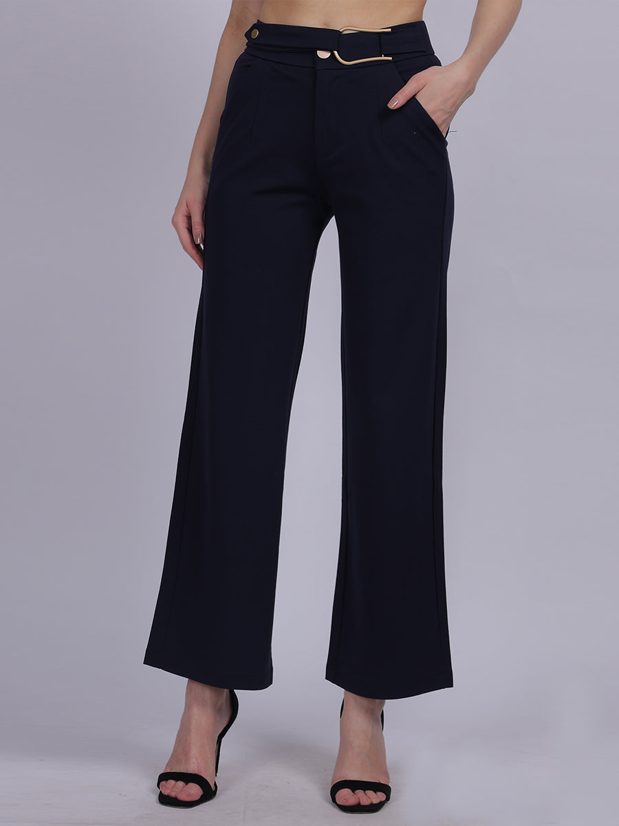 Navy Straight Fit Stretchable Fashion Pants