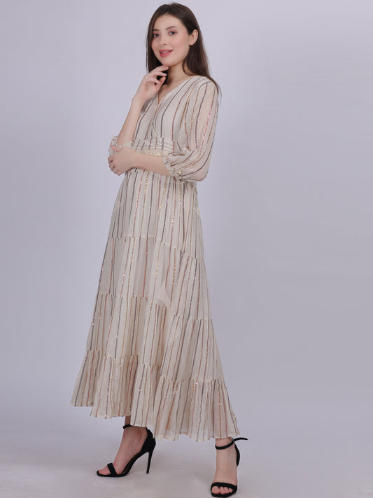 Cotton Lurex Stripe Print Elegant Dress