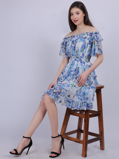 Floral Print Off-shoulder Layered Fashion Dress