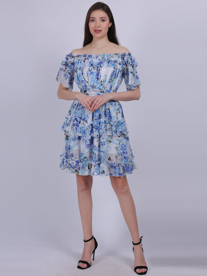 Floral Print Off-shoulder Layered Fashion Dress