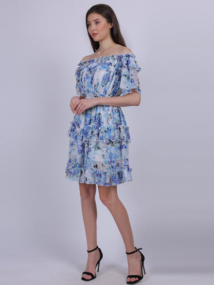 Floral Print Off-shoulder Layered Fashion Dress