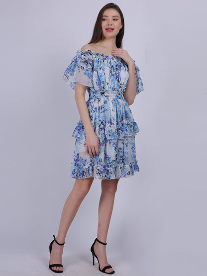 Floral Print Off-shoulder Layered Fashion Dress