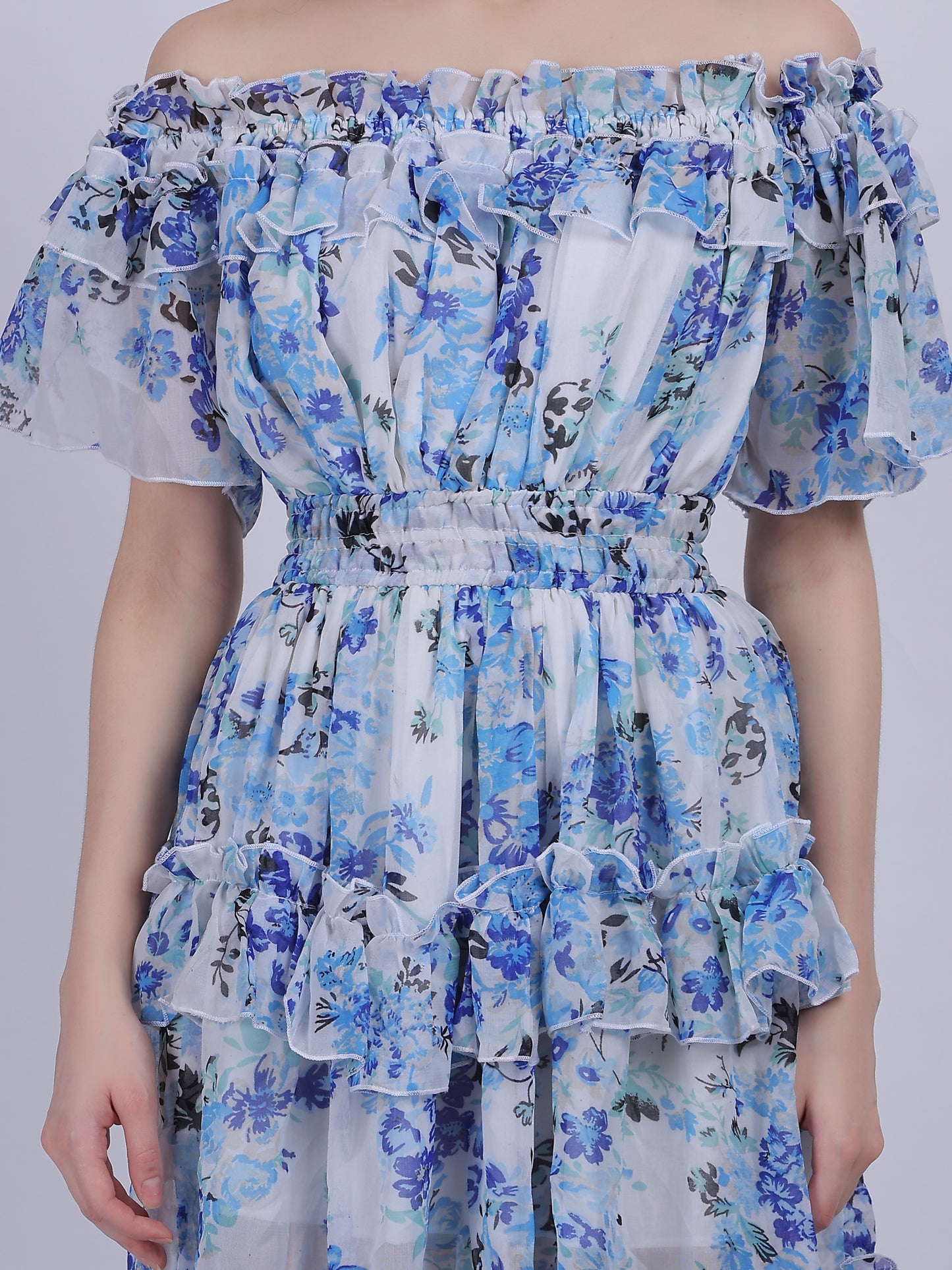 Floral Print Off-shoulder Layered Fashion Dress