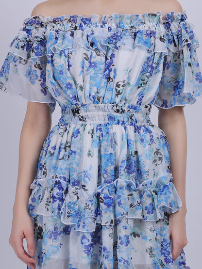 Floral Print Off-shoulder Layered Fashion Dress