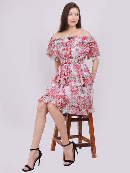 Floral Print Off-Shoulder Layered Fashion Dress