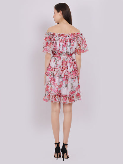 Floral Print Off-Shoulder Layered Fashion Dress