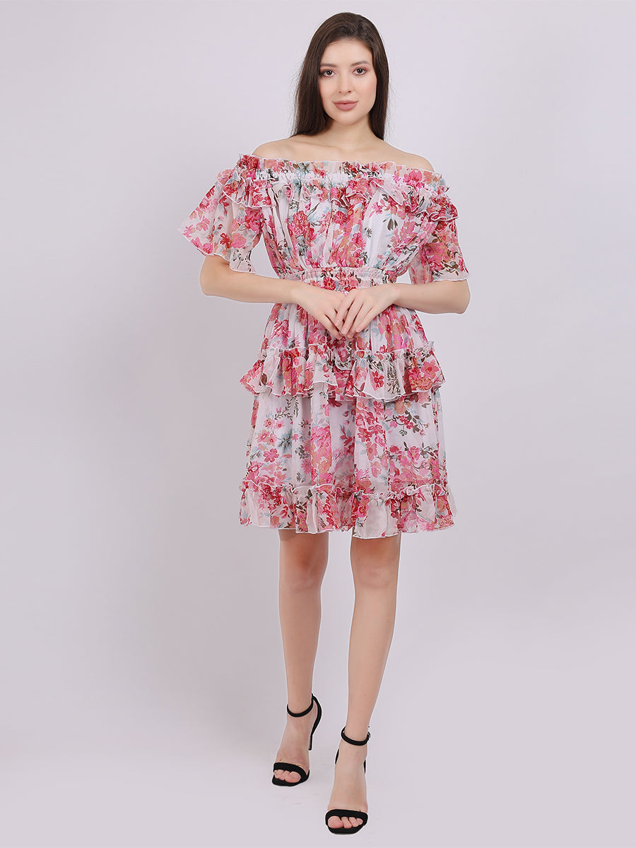 Floral Print Off-Shoulder Layered Fashion Dress