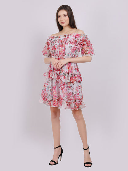 Floral Print Off-Shoulder Layered Fashion Dress