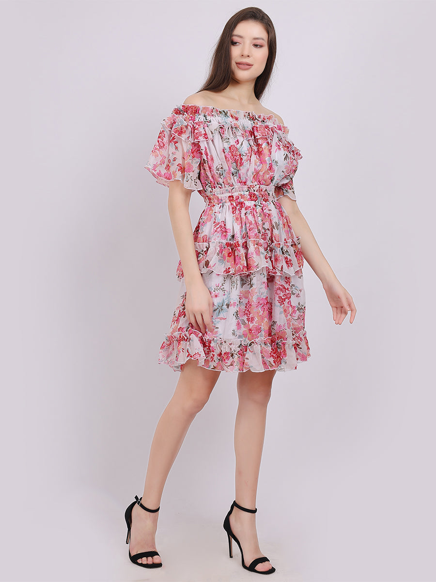 Floral Print Off-Shoulder Layered Fashion Dress