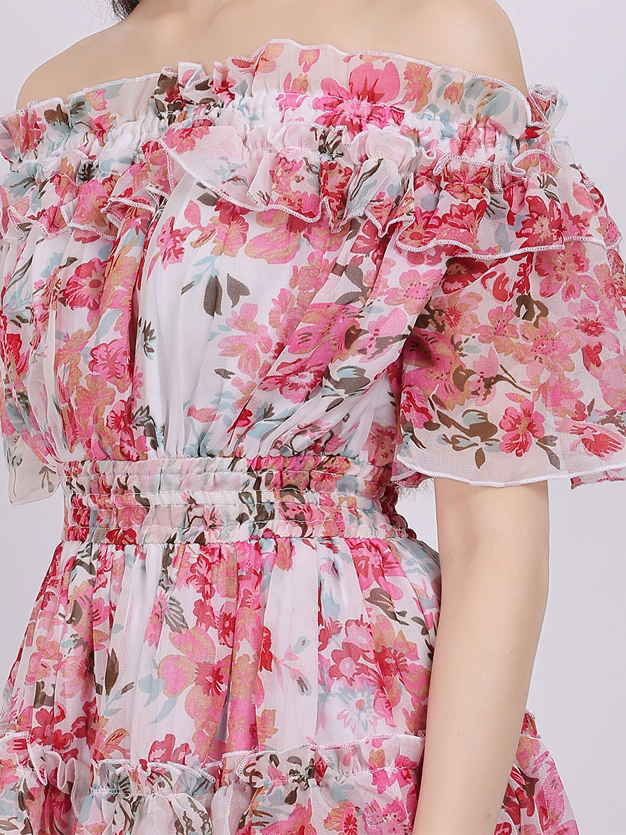 Floral Print Off-Shoulder Layered Fashion Dress