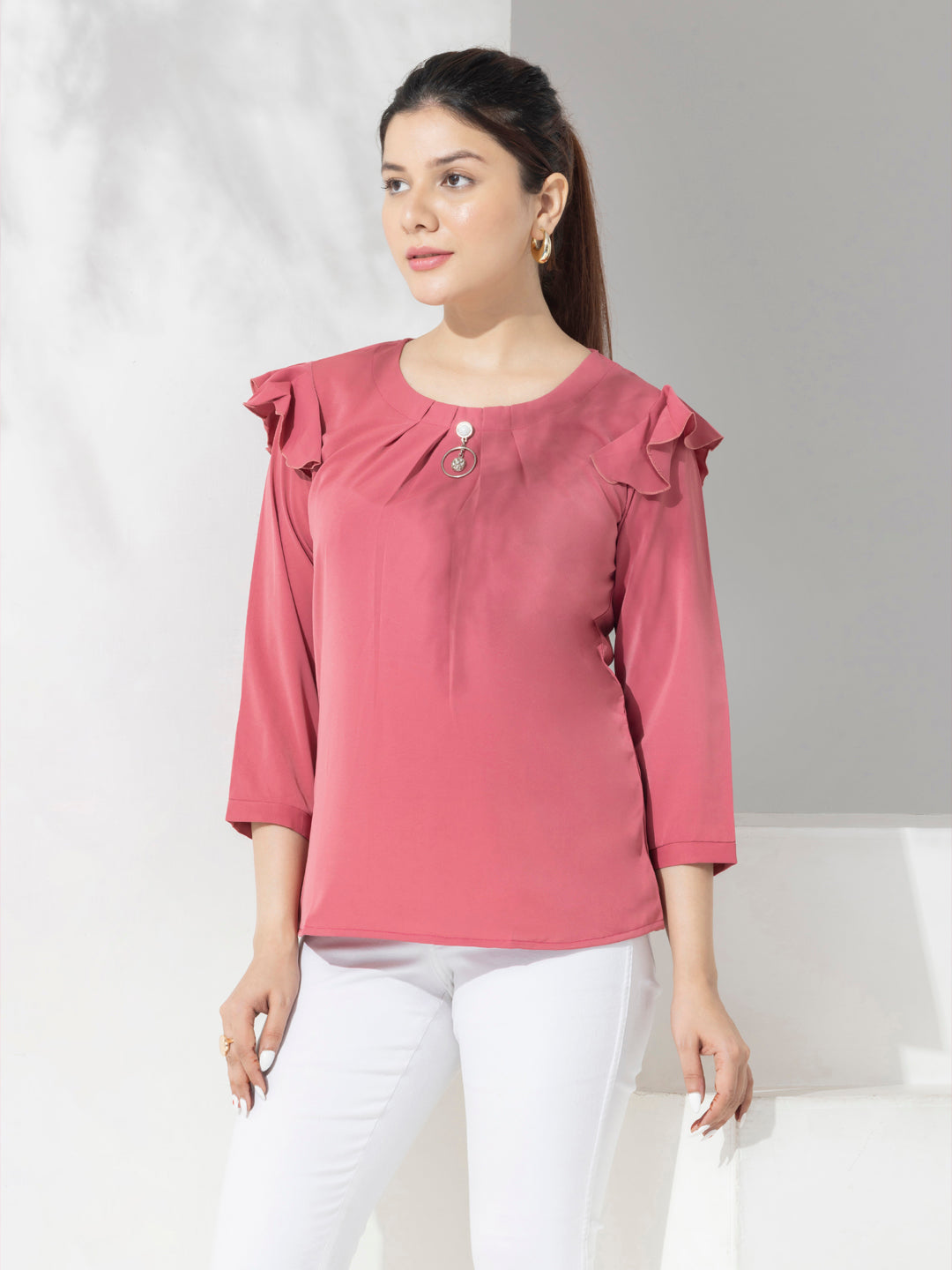 Fashion Top With Puff Sleeves & Metal Emblishment