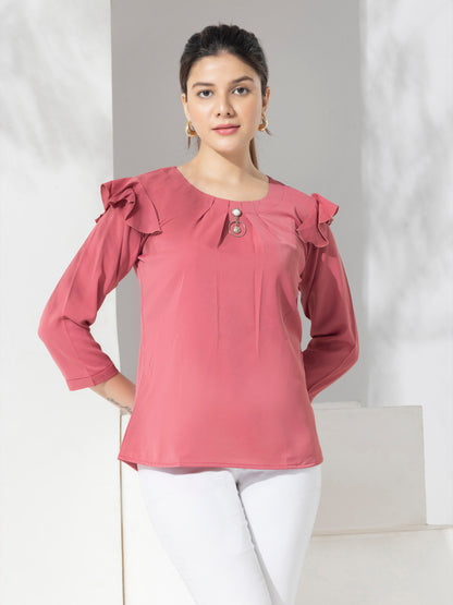 Fashion Top With Puff Sleeves & Metal Emblishment