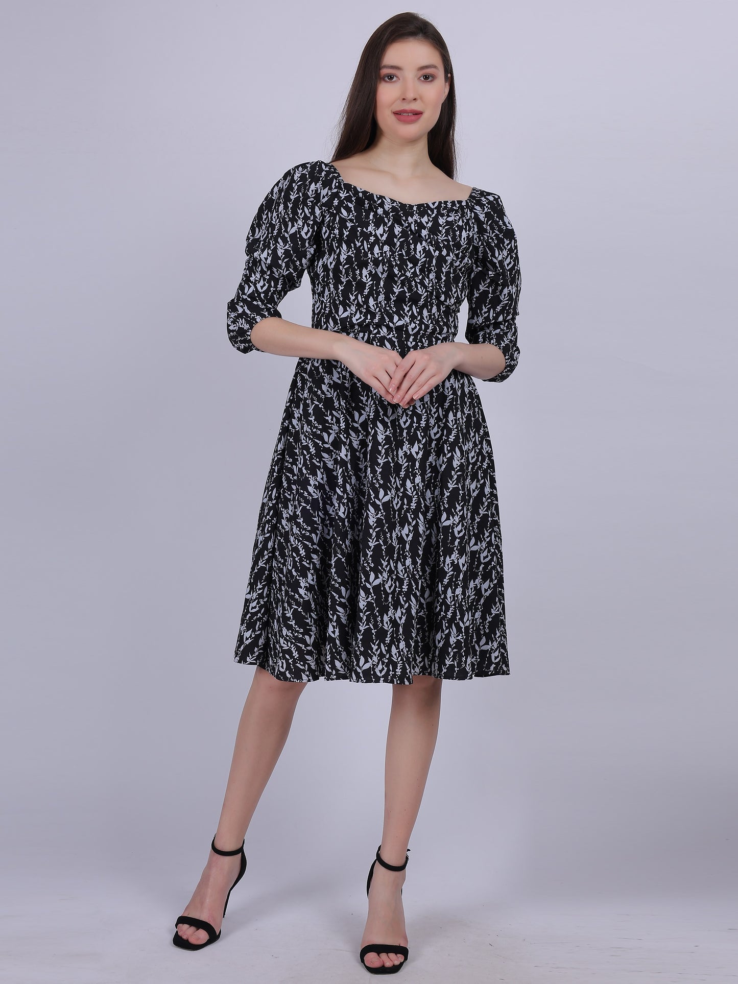 Black Floral Printed Cowl Neck Fashion Dress