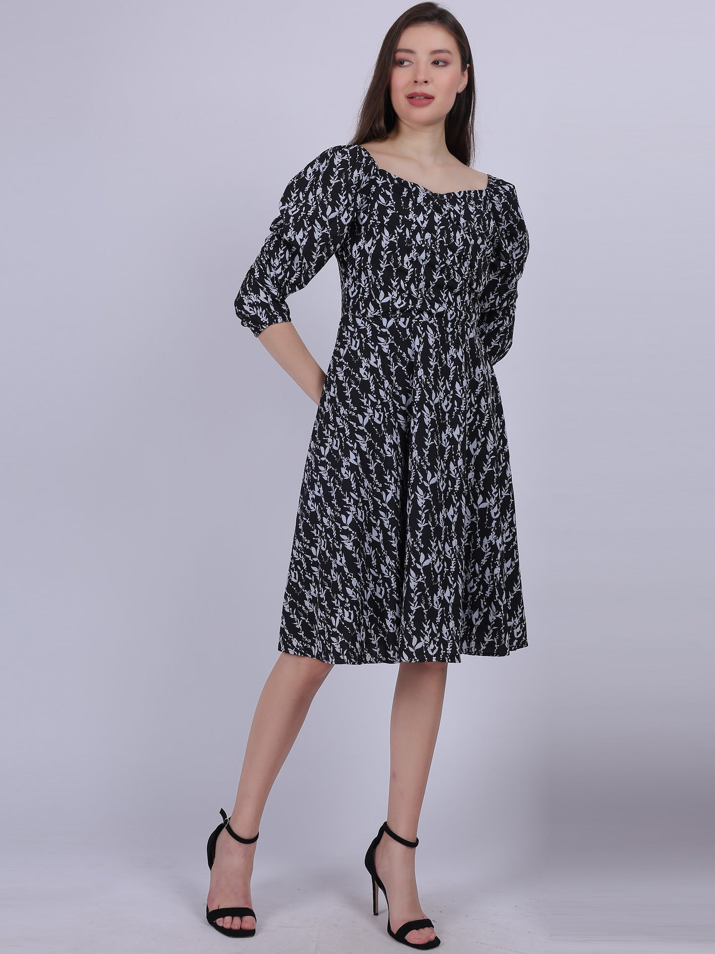 Black Floral Printed Cowl Neck Fashion Dress