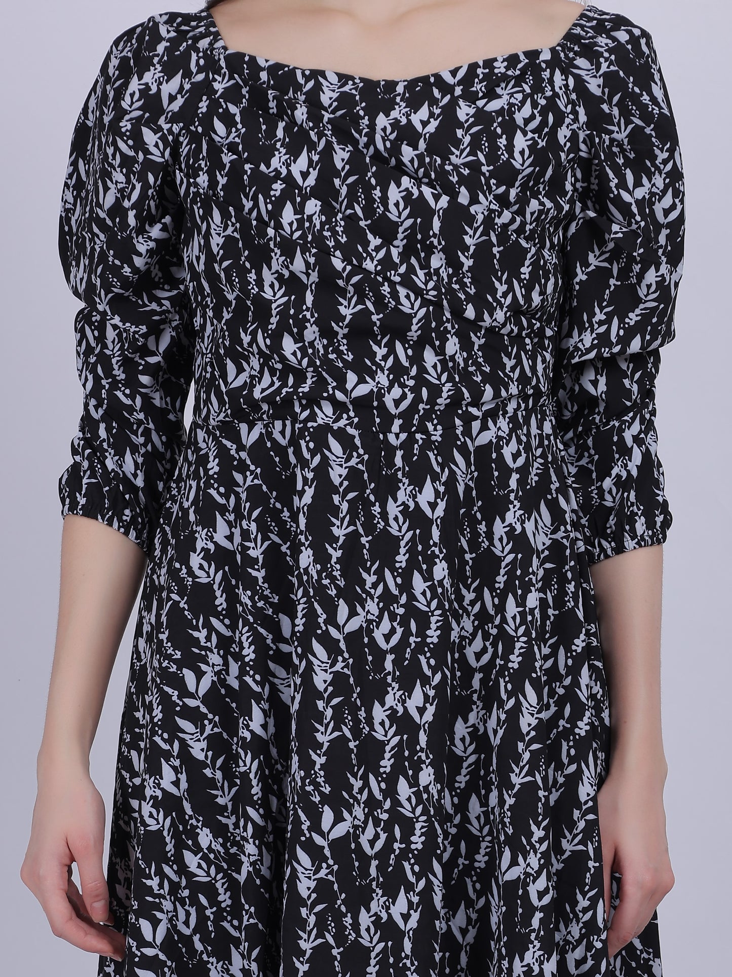 Black Floral Printed Cowl Neck Fashion Dress