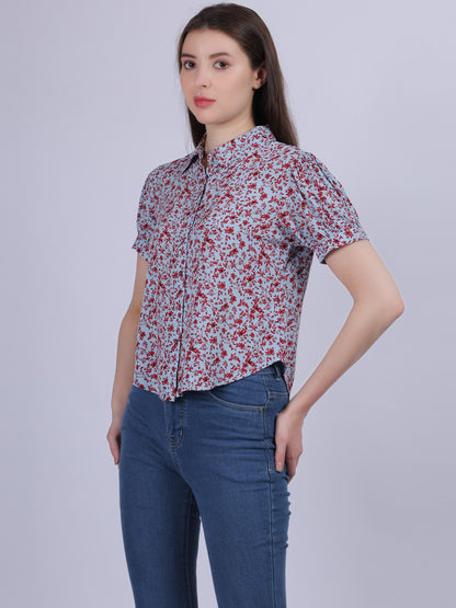 Red Floral Print Crop Shirt